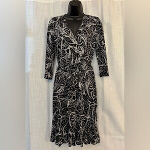 Black and Gray Patterned Faux Wrap Dress
